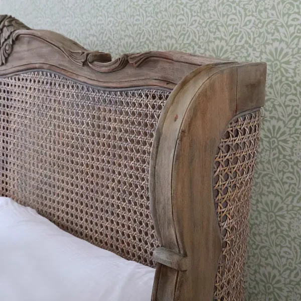 Rustic French Rattan Bed – Vintage Carved Teakwood Bed Frame - Image 7