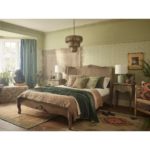 Rustic French Rattan Bed – Vintage Carved Teakwood Bed Frame - Image 4